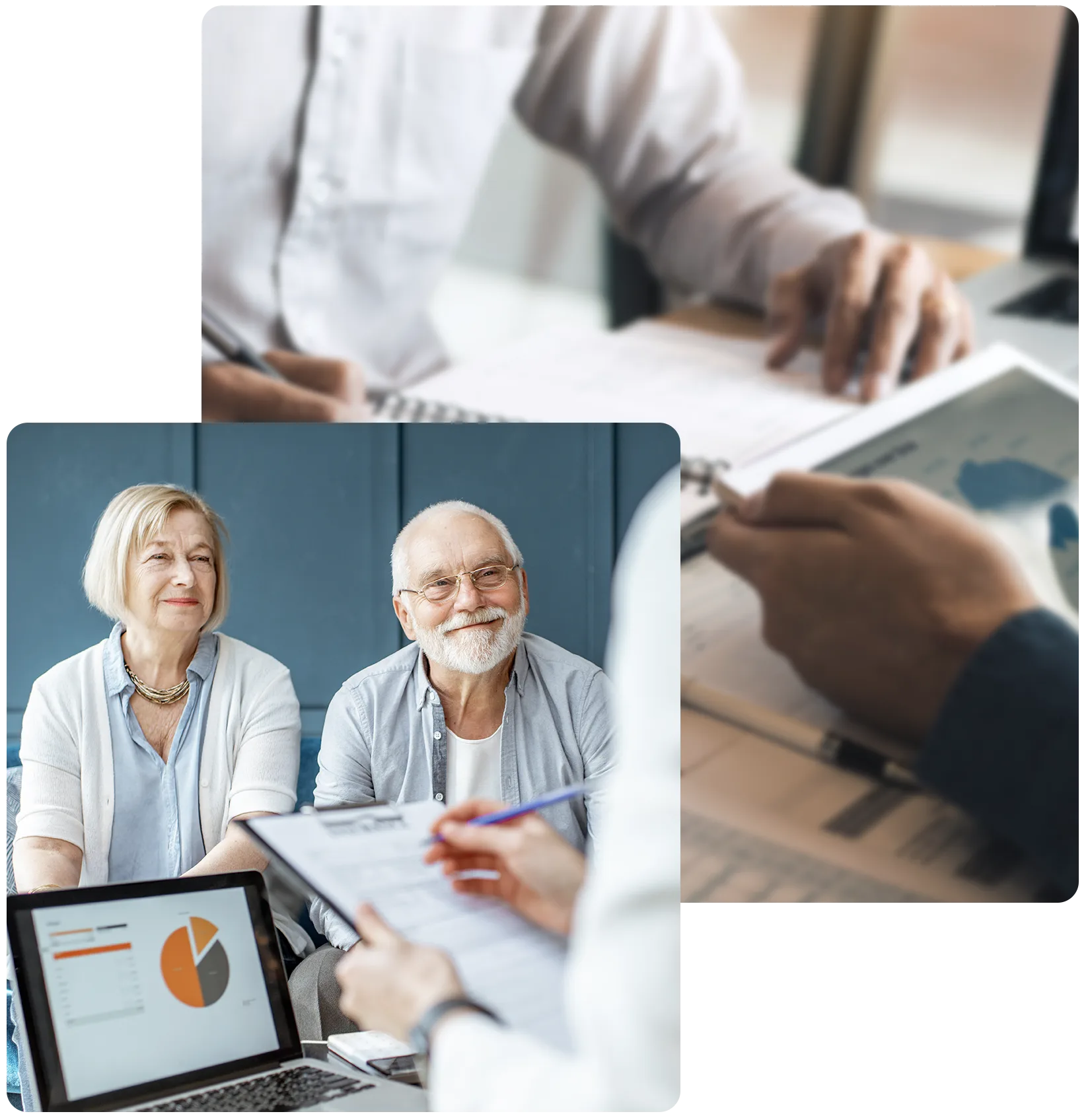 Senior male and female meeting with someone holding a clipboard with pie chart on a laptop and another image of two males in a meeting