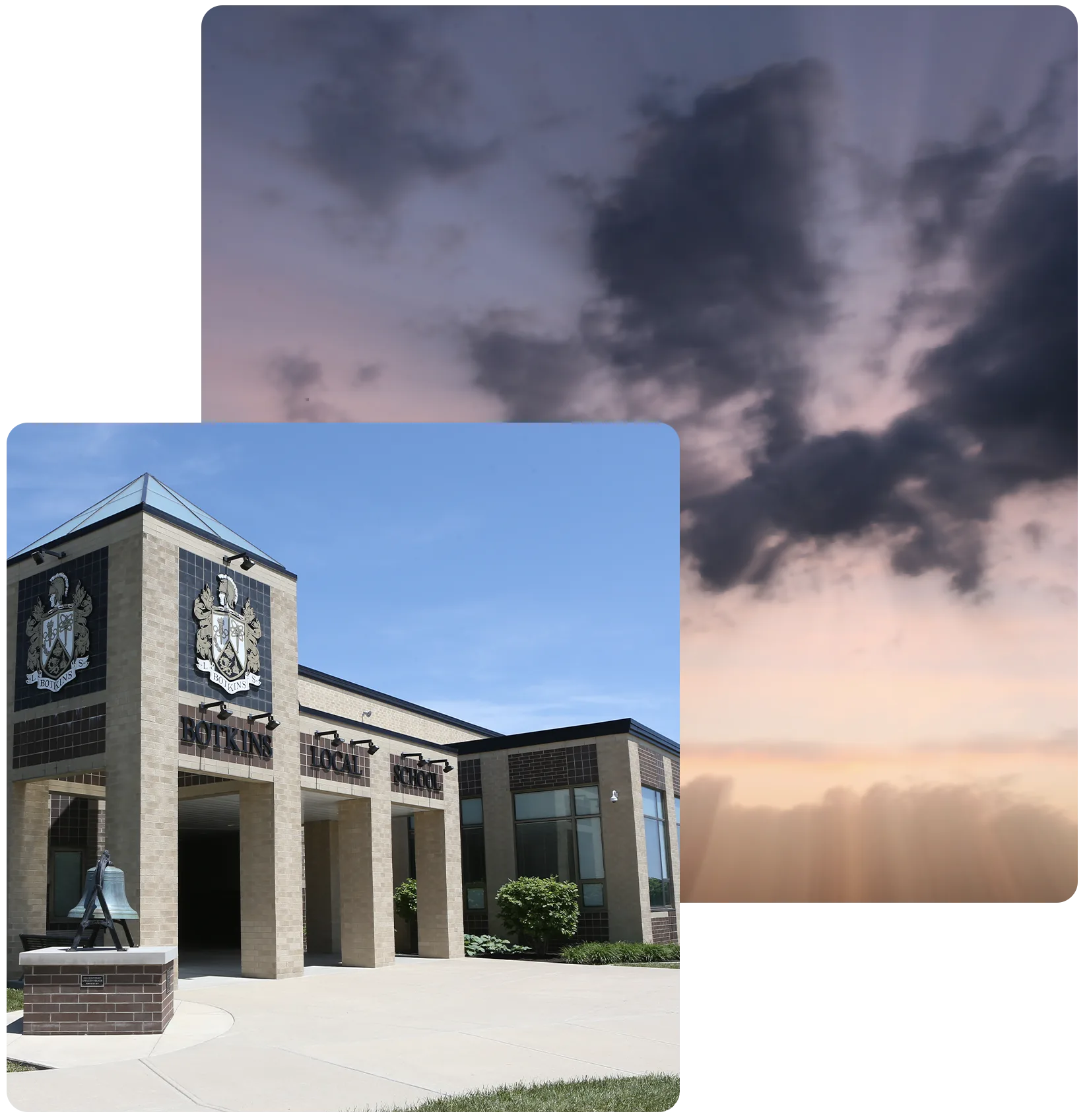 Exterior view of Botkins Local School and another image of cloudy skies